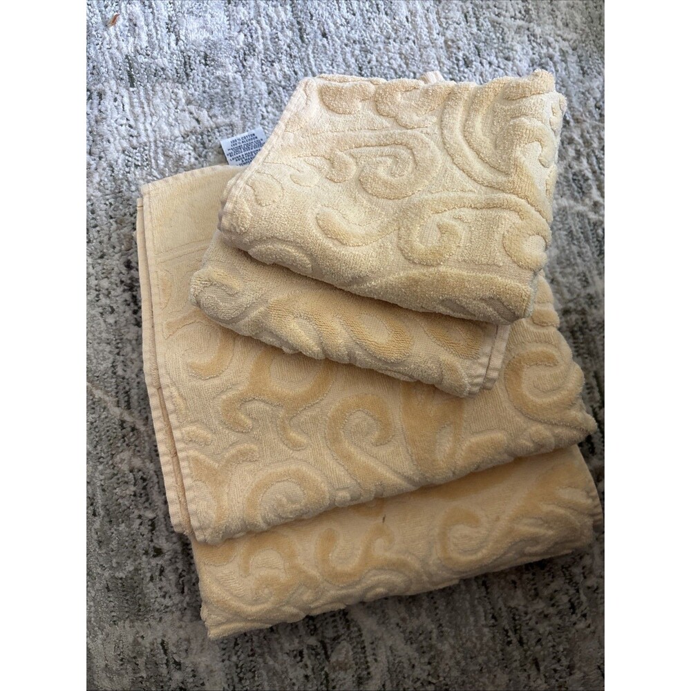 Asher Mills 4 Pc Towel Set 2 Bath Towels 2 Hand Towels Jacquard Scroll Cotton